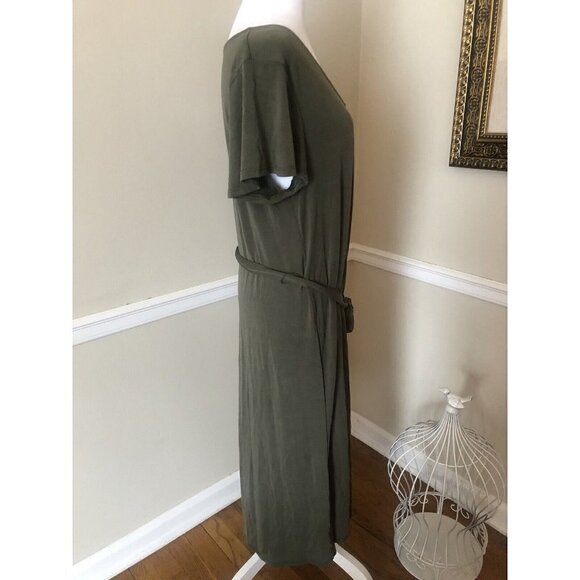 NWT Ava & Viv Size X Olive Green Maxi Midi Dress Short Sleeve Belted - Picture 5 of 8